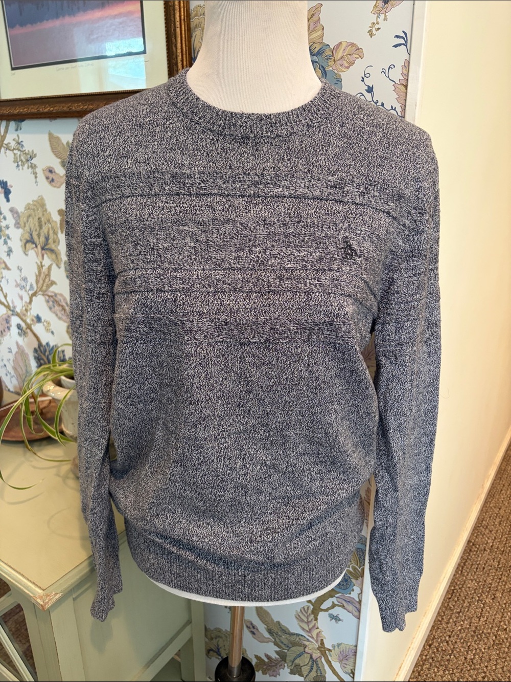 Original Penguin Marled Striped Grey Cotton Crewneck Sweater